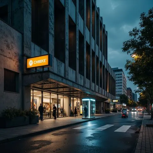 Rugged charging station, brutalist architecture, raw concrete walls, exposed ductwork, industrial metal beams, corrugated steel roofs, reinforced glass fa\u00e7ades, minimalist signage, urban cityscap