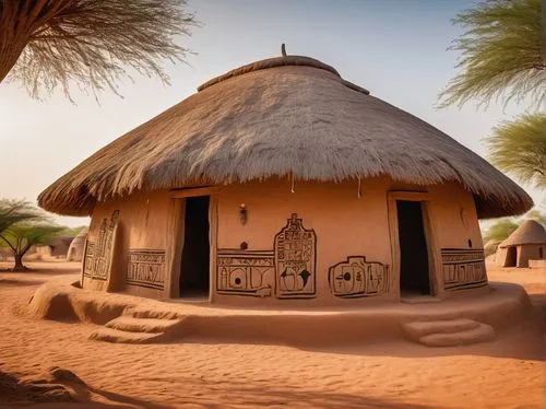 Traditional Sudano-Sahelian style, Burkina Faso architecture, adobe mud huts, thatched roofs, wooden doors, intricate carvings, geometric patterns, earthy tones, rural village setting, savannah landsc