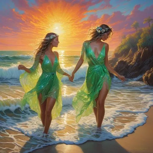 rhinemaidens,celtic woman,mermaids,oil painting on canvas,maidens,donsky,Illustration,Realistic Fantasy,Realistic Fantasy 22