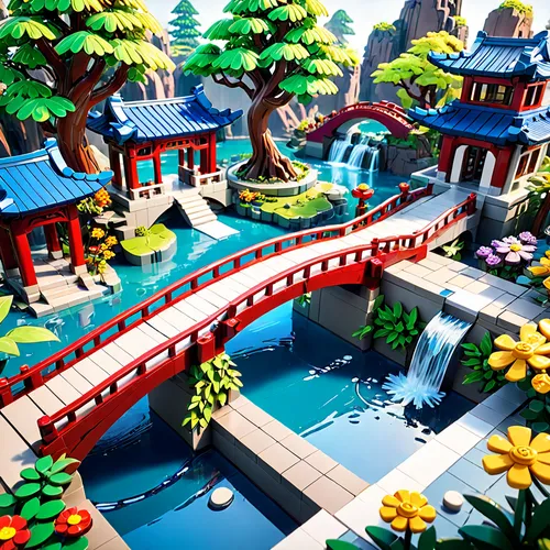 resort town,spa town,cartoon video game background,lego background,3d render,fantasy city,scenic bridge,wooden bridge,floating islands,popeye village,bird kingdom,lily pond,waterside,seaside resort,roof landscape,canals,3d fantasy,3d rendered,artificial island,japanese zen garden,Anime,Anime,Traditional