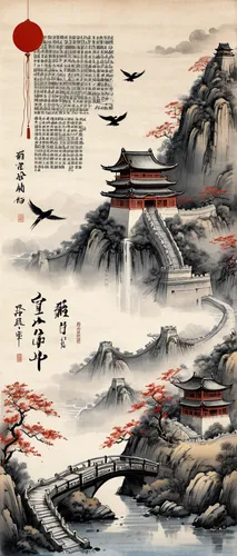 chinese art,oriental painting,cool woodblock images,yi sun sin,japanese art,luo han guo,hwachae,xing yi quan,yunnan,tong sui,woodblock prints,zui quan,yangqin,tai qi,huashan,yuanyang,t'ai chi ch'uan,mountainous landscape,rou jia mo,chinese clouds,Illustration,Paper based,Paper Based 30