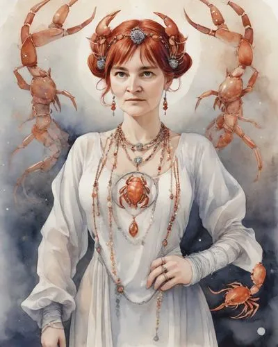 Adult women, longsleeve dress with necklace, cancer as a brooch, normal human anatomy,the sea maid,rosicruciana,nephrops,nymphs,obatala,hypatia,scorpio,crab violinist,arachne,crustacea,crabbet,sultano