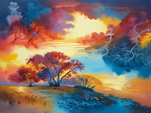 a painting of many different trees and hills,colorful tree of life,autumn landscape,fantasy landscape,landscape background,river landscape,nature landscape,Illustration,Paper based,Paper Based 24