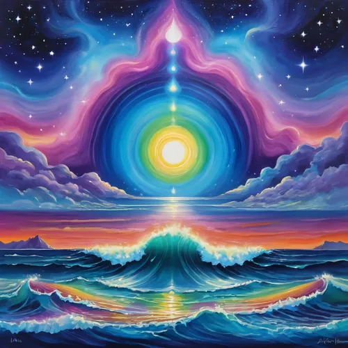 psychedelic art,heart chakra,vibration,rainbow waves,earth chakra,crown chakra,mantra om,global oneness,reiki,aura,divine healing energy,astral traveler,consciousness,inner light,energy healing,enlightenment,astral,vibrations,sacred art,soundwaves,Illustration,Realistic Fantasy,Realistic Fantasy 20