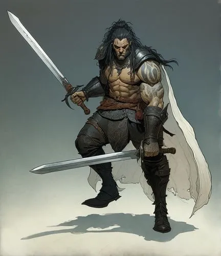 Rugged warrior with leather armor, black dredlocks, and grey skin.,khal,barbarian,ghazan,hereward,ardeth,conan,gotrek,skaar,beowulf,ronon,dragonlance,beorn,crom,swordsman,momoa,thorin,daken,arnor,gisu