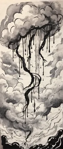 swampy landscape,fall from the clouds,murder of crows,rain clouds,rainstorm,cloudburst,dark clouds,rains,ink painting,pollution,drips,the pollution,ghost forest,purgatory,thunderstorm,rain cloud,puddle,rainwater,post-apocalyptic landscape,chasm,Illustration,Black and White,Black and White 34