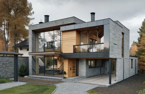 modern house, lots of trees on background, grey stone facade, black details,modern home with two story building and landscaping,modern house,modern architecture,lohaus,cubic house,architektur,huset,da