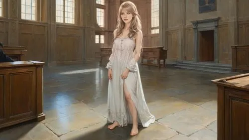 classicism painting: ((female defendant, long dress, barefoot. bare feet, bare toes)), inside 17th century courtroom, standing on stone floor,galadriel,greer the angel,the angel with the veronica veil