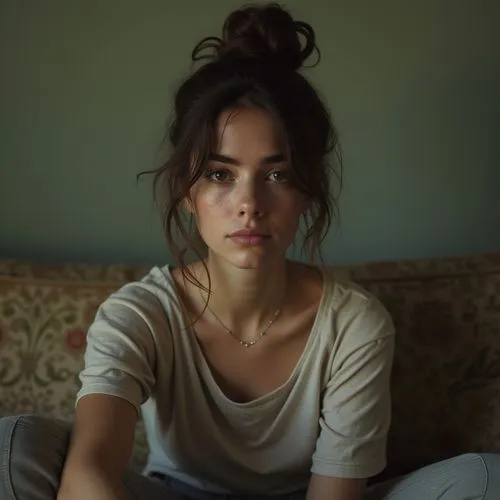 Her hair is in a messy bun, and she is sitting on an old couch.,a woman sitting on the couch with a necklace on her neck,scodelario,bedhead,disheveled,lilting,girl in bed,naturalness,maia,haselrieder,