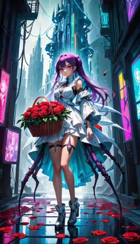 spiderwoman dancing in the city,SpiderWoman,hatsune miku,mikus,fallen petals,nep,monsoon banner,izanami