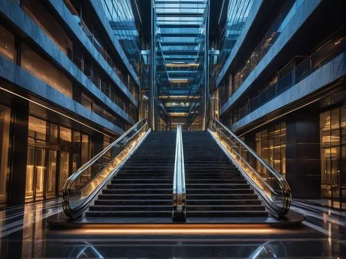 Modern, futuristic skyscraper, sleek metal structure, glass facade, neon lights, urban cityscape, night scene, misty atmosphere, dramatic shadows, low-angle shot, symmetrical composition, marble lobby