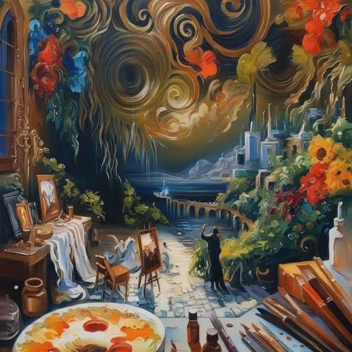 fantasy art,oil painting on canvas,meticulous painting,oil on canvas,fantasy picture,psychedelic art,italian painter,oil painting,mushroom landscape,art painting,fantasy landscape,oils,painting techni