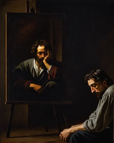 italian painter,self-portrait,painting technique,artist portrait,self portrait,meticulous painting,painting,father with child,oil painting,the death of socrates,a carpenter,the mirror,shoemaker,self-reflection,saint joseph,painter,man with a computer,leonardo devinci,oil on canvas,art dealer,Art,Classical Oil Painting,Classical Oil Painting 05