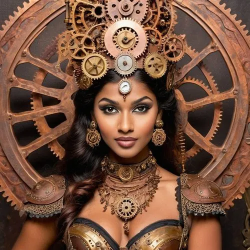 steampunk gears,steampunk,indian woman,east indian,indian girl,indian bride,indian girl boy,lakshmi,indian,jaya,tamil culture,indian headdress,moana,pooja,west indian jasmine,indian art,ancient egyptian girl,cleopatra,radha,asian costume,Illustration,Realistic Fantasy,Realistic Fantasy 13