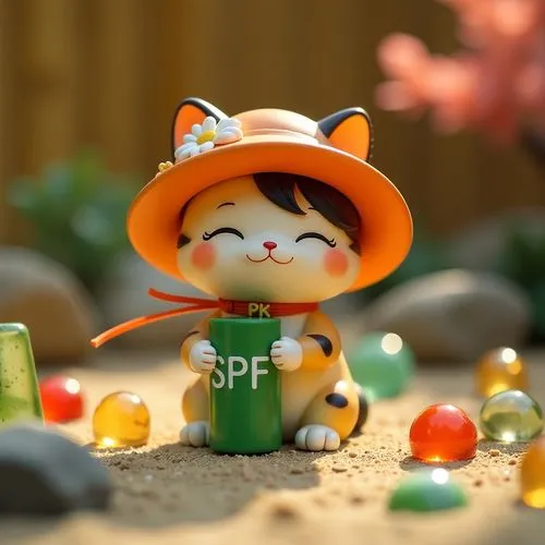 The image features a small toy figurine of a cat with closed eyes, smiling with a content expression. The cat is wearing an orange sun hat adorned with a white flower and the initials "PK" on the ribb