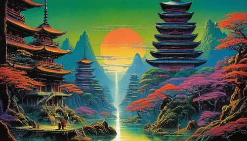 futuristic landscape,temples,laser buddha mountain,travel poster,1986,asian vision,temple fade,1982,vapor,lagoon,himalaya,dune,80's design,fantasy city,oasis,trip computer,feng shui,80s,alien world,剣岳,Conceptual Art,Sci-Fi,Sci-Fi 19