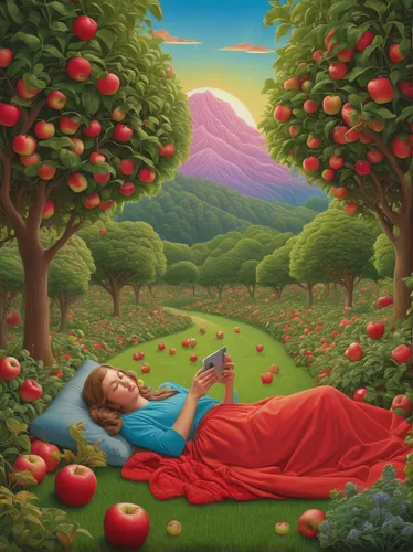 girl picking apples,sleeping apple,apple mountain,woman eating apple,apple orchard,apple harvest,red apples,apple tree,picking apple,rose sleeping apple,apple trees,red apple,orchards,apple world,apple plantation,apples,cart of apples,fruit fields,garden of eden,orchard,Illustration,Retro,Retro 16