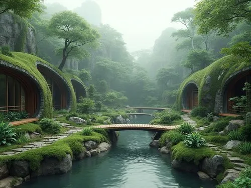 shaoming,rivendell,futuristic landscape,fantasy landscape,yavin,asian architecture,ecotopia,zen garden,teahouse,green forest,greenforest,green waterfall,dojo,tropical forest,rainforests,ancient city,biomes,landscaped,rainforest,rain forest,Photography,General,Realistic