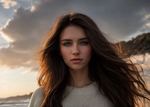 a portrait of a beautiful caucasian girl 28 years old, black  hair,  long hair in a black sweater  pointing to the sun whit a finger in a beach whit a blue sky whit a few clouds looking to camera in 4