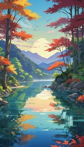 landscape background,river landscape,forest lake,nature background,autumn landscape,fall landscape,Illustration,Japanese style,Japanese Style 03