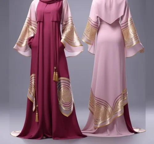 ،3d drawing for Muslim hejab with silky style with burgundy ,two women are dressed in different styles of clothing,abayas,abaya,tahiliani,kurung,gold-pink earthy colors,kaftan,Photography,General,Real