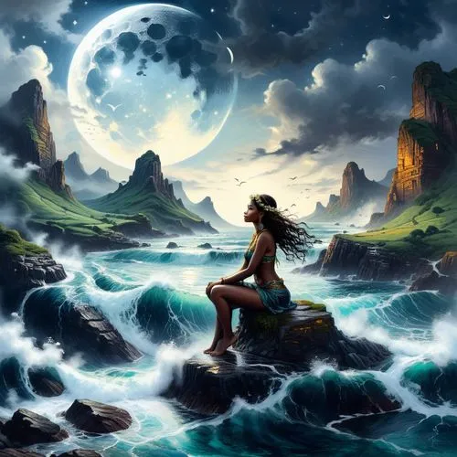 a woman sitting on top of a rock near a body of water,fantasy picture,ocean background,dreamtime,mermaid background,fantasy art,the endless sea,Illustration,Realistic Fantasy,Realistic Fantasy 25