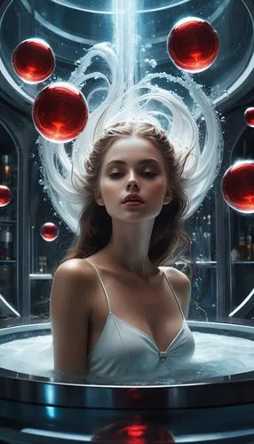 Divine red love elixir fills high-tech glass jacuzzi with air bubbles, cloned young beautiful girl in white top, beautiful flowing hair, laboratory on starship,a woman is sitting in a bathtub in the m