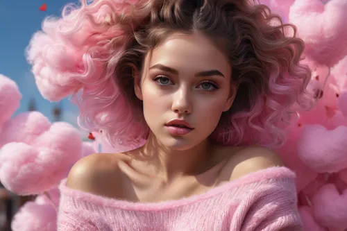  cottoncandy, character concept art of a beautiful woman leaning over, pink cotton candy sweater falling off her shoulder, valentines day,  full detailed eyes, perfect face, full body, 
brown detailed