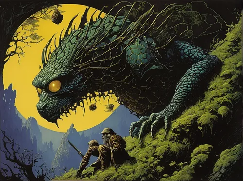 heroic fantasy,dragon of earth,three eyed monster,game illustration,green dragon,wyrm,saurian,sci fiction illustration,primeval times,cover,osage orange,basilisk,godzilla,seed-eater,halloween poster,gnarled,cd cover,reptilia,black dragon,giant granadilla,Conceptual Art,Daily,Daily 09