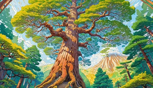 hokka tree,oregon pine,celtic tree,flourishing tree,forest tree,the trees,tree of life,tree tops,trees,magic tree,spruce forest,big trees,painted tree,redwood tree,grove of trees,trees with stitching,spruce-fir forest,coniferous forest,old-growth forest,pachamama,Illustration,Japanese style,Japanese Style 01