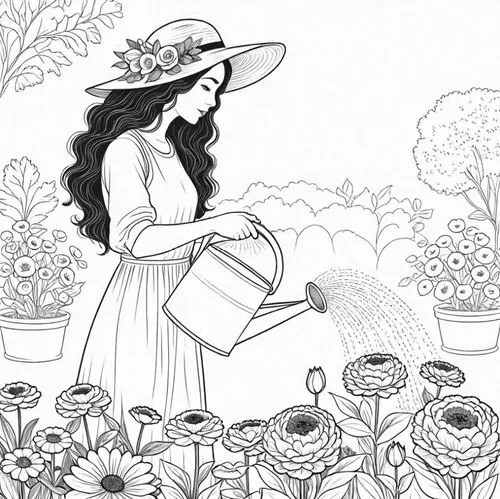 an image of a woman watering flowers,gardening,picking flowers,bloomgarden,coloring page,flower shop,garden petunia,Design Sketch,Design Sketch,Detailed Outline