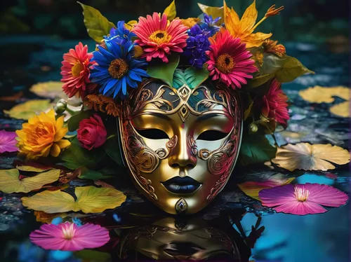 venetian mask,water lotus,golden mask,pond flower,gold mask,water flower,sacred lotus,masquerade,flower water,diving mask,flower nectar,bodypainting,water nymph,decorative figure,girl in flowers,masks,exotic flower,flower bowl,beauty mask,headdress,Photography,Artistic Photography,Artistic Photography 08