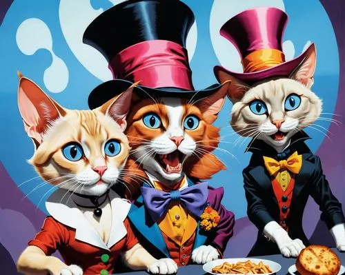 The Mad Hatter and Alice portrayed by Siamese cats,oktoberfest cats,aristocats,caterers,tea party cat,vintage cats,georgatos,caterer,cat family,cats,ringmaster,mousquetaires,macavity,aristocrats,gatos