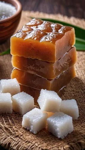 Dodol is made from coconut milk, jaggery, and rice flour, and is sticky, thick and sweet. ,coconut cubes,palm sugar,himalayan salt,fleur de sel,sugar cubes,tteok,nata de coco,coconut candy,nian gao,pa