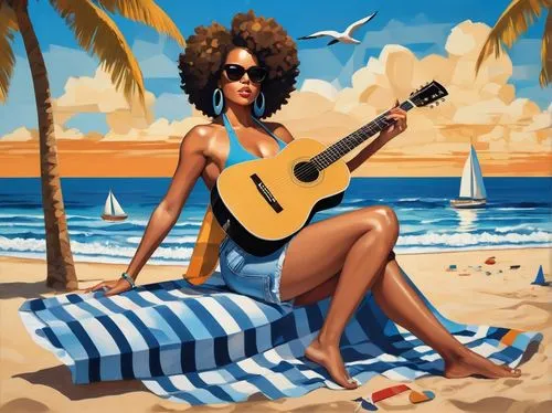 jazz guitarist,sea beach-marigold,ukulele,beach background,painted guitar,guitar,blues and jazz singer,woman playing,guitar player,acoustic-electric guitar,cape verde island,playing the guitar,singing sand,copacabana,beach chair,blogs music,dream beach,summer icons,concert guitar,beach towel,Art,Artistic Painting,Artistic Painting 45