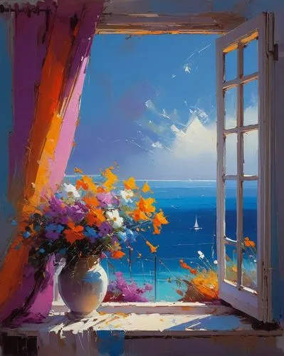 窗子 被海风吹起的窗帘 花,window with sea view,windowsill,window sill,bedroom window,window,ocean view,window seat,window to the world,open window,sea landscape,blue room,the window,one autumn afternoon,summer ev