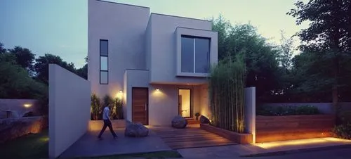 CASA ESTILO MINIMALISTA UBICADA, COMBINANDO LOS COLORES VIBRNTES DE LA ARQUITECTURA MEXICANA Y LA PIEDRA DE RECINTO,  EN UN FRACCIONAMIENTO CON VEGETACIÓN EXUBERANTE, PERSONAS,ARBOLES, PALMERAS, CORRE