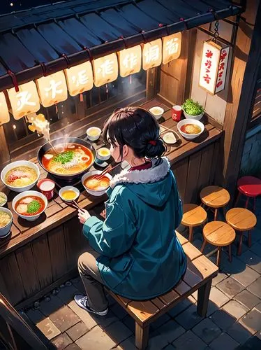 a woman wearing coat and pants, sitting on a chair at a ramen stall, eating ramen, looking at ramen, steam on hot ramen, single ramen stall in rural area, dark surrounding, blushing, happy, night, mas