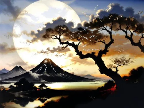 a painting with mountains and trees in the background,dusk background,volcanic landscape,fantasy landscape,world digital painting,landscape background,mononoke,Illustration,Paper based,Paper Based 30