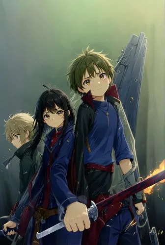 niño sosteniendo espada y niña sosteniendo pistola,an anime poster shows three men with long black hair, two wearing blue coats and one holding,shinran,swordsmen,dragon slayers,madlax,haruhi suzumiya 