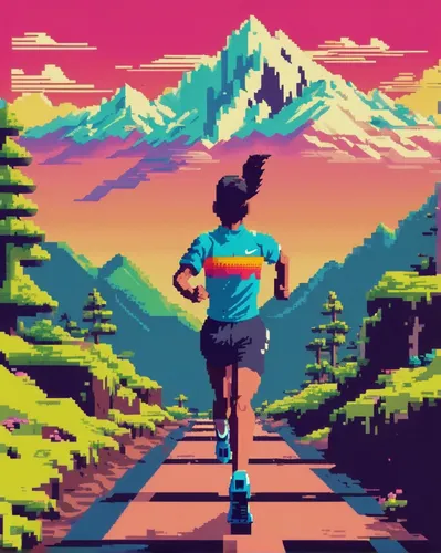 retro background,pixel art,retro styled,ultramarathon,runner,80's design,80s,retro frame,retro,female runner,trail,run uphill,rainbow background,aesthetic,low poly,low-poly,rainbow color palette,wallpaper,marathon,running,Unique,Pixel,Pixel 04