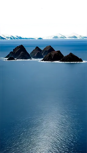 Bering Strait, icy waters, misty atmosphere, distant islands, snow-capped mountains, rugged coastline, rocky shores, sailing boats, seagulls flying overhead, cold blue tone, panoramic view, soft focus