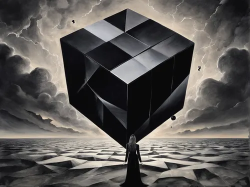 During a s￩ance, a medium is haunted by a black cube that brings a malevolent presence. Can she banish the entity before it takes control?,cube sea,cube surface,cube background,cube,cube love,magic cu