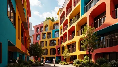 colorful city,townhouses,blocks of houses,saturated colors,townhomes,colorful facade,riad,apartment blocks,apartment block,row houses,apartment complex,apartment buildings,courtyards,microdistrict,rowhouses,apartment building,an apartment,apartments,hanging houses,apartment house