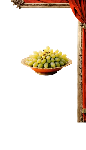 Oil painting, still life, fruit bowl, golden frame, ornate decorations, red velvet cloth, lush green grapes, juicy yellow peaches, vibrant orange slices, delicate white flowers, soft warm lighting, 3/