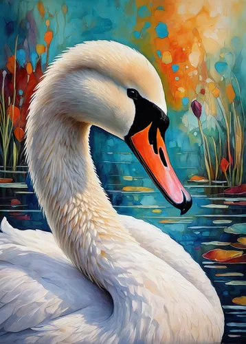 Imagine a painting of a mute swan with vibrant colors and textures.,the head of the swan,trumpeter swan,swan,swan on the lake,trumpet of the swan,swans,swan boat,white swan,young swan,swan pair,swan l