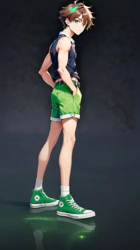 add lower male body with converse green shoes,a  in green shorts and tennis shoes is standing,chie,makoto,kazungula,ritsuko,hyuck,kagetsu