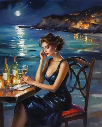 romantic dinner,romantic night,donsky,woman at cafe,aperitif,sea night,Illustration,Paper based,Paper Based 11