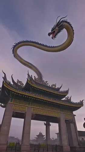 A Chinese dragon soars through the clouds in the sky, surrounded by mist. cloudy day,flying snake,chinese dragon,dragon bridge,flying noodles,golden dragon,fire breathing dragon,dragon li,painted drag