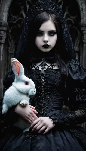 gothic portrait,gothic fashion,gothic woman,white rabbit,dark gothic mood,gothic style,gothic,rabbits and hares,mourning swan,gray hare,white bunny,dwarf rabbit,gothic dress,domestic rabbit,european rabbit,rabbits,witch house,goth woman,blackmetal,rabbit family,Illustration,Realistic Fantasy,Realistic Fantasy 46